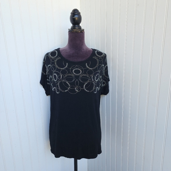 Julia Black Women's Rhinestone Short Sleeve Shirt Stretch Top S/M - Picture 1 of 11